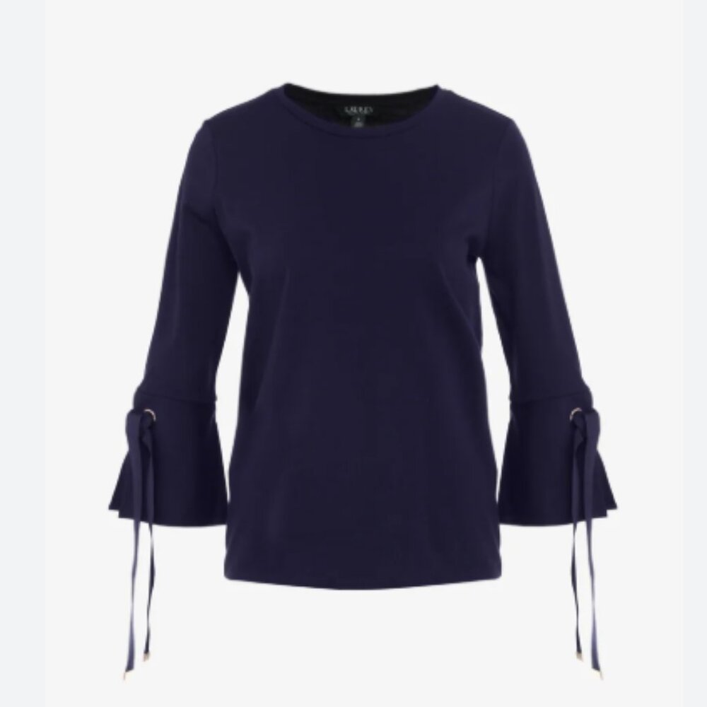 Ralph Lauren Women's Navy Blue Bell Sleeve Top Gold Tie Accents Size Large L